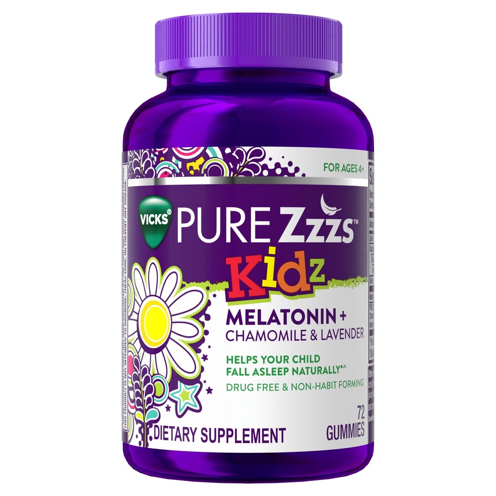 PURE Zzzs Kidz, Kids Melatonin Gummy, Søvnhjælp, Lav mængde Melatonin til børn, med kamille og lavendel, Melatonin 1 mg, Melatonin Gummies Kids, Berry Flavored, 72 Søvngumier