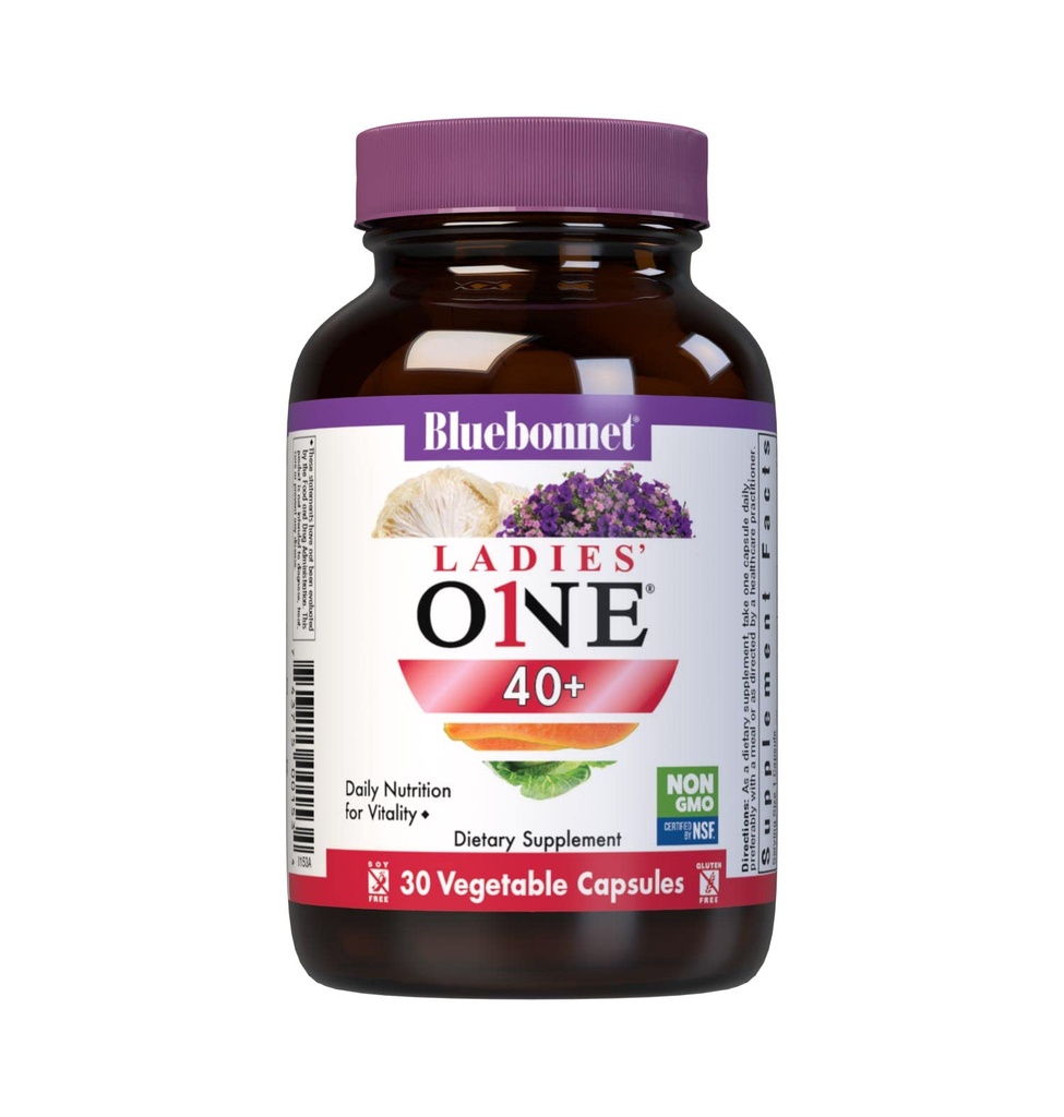 Bluebonnet Nutrition Ladies 'ONE 40 + Whole Food- Bed Multiple, Women Multivitamin for Women 40 +, Soy- Free, Non- GMO, Gluten Free, 30 Vegetabilske kapsler, 30 Servering