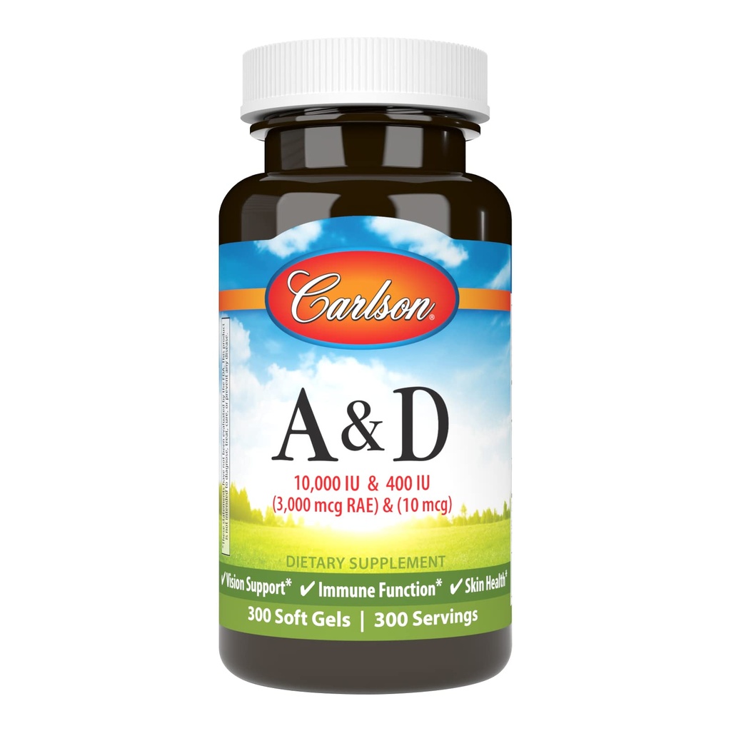 Carlson - A & D, 10000 IU (3000 mcg RAE) Vitamin A, 400 IU (10 mcg) Vitamin D3, Vision Support, Skin Health, 300 Soft Gels
