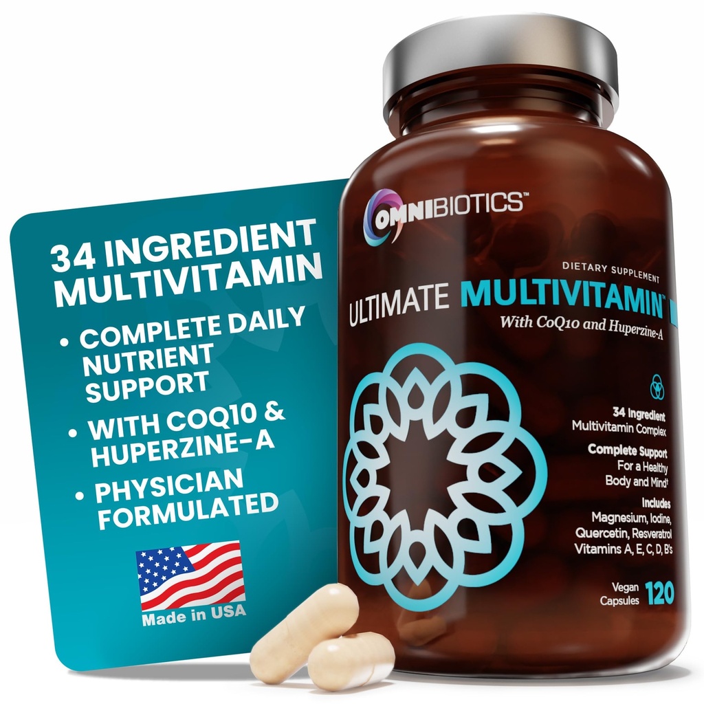OmniBiotics Ultimate Daily Multivitamin for Kvinder & Mænd - 34 Væsentlige ingredienser, herunder vitamin A, C, D, E, B6, B12, Biotin, Zink - 120 Veganske kapsler