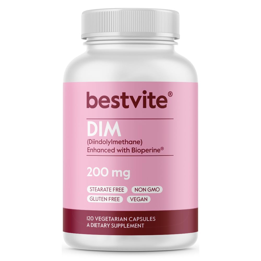 BESTVITE DIM (Diindolylmethane) 200mg with Bioperine (120 Vegetarian Capsules) - No Stearates - Vegan - Non GMO - Gluten Free