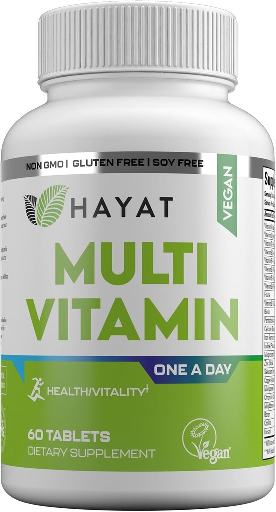 HAYAT Vitamin Vegan Natural Multivitamin, Daglige Vitamin med vitamin A, C, D, E, B1, B2, B3, B6, B12, Biotin, Zink og mere, 2 Måned Supply, All Natural, Certified Halal, 60 Tablets, Made in the USA