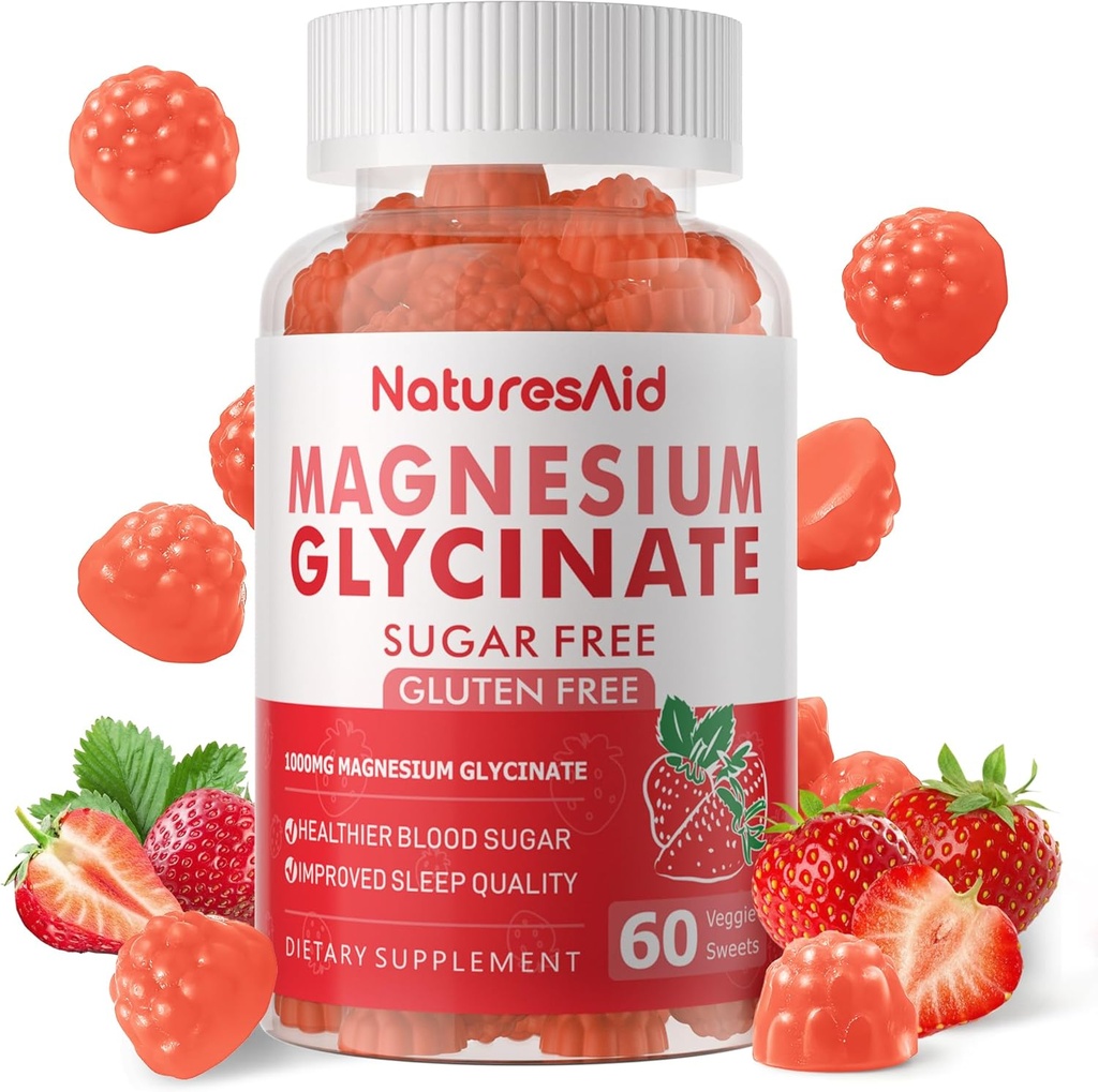 Magnesium Glycinate Gummies 1000mg - Sugar Free Magnesium Kalium Supplement med D-vitamin, B6, CoQ10 for Calm Mood & Sleep Support - 60 Jordbær Gummies -1 Pack