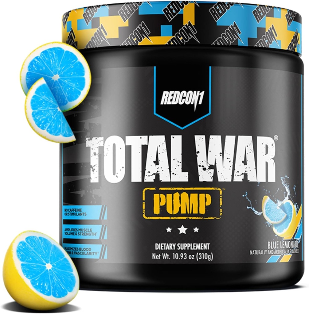 REDCON1 Non Stim & Koffein Free Pre Workout Powder for Women & Men - Total War Pump - med L- Citrullin, Beta Alanine & Mere - Workout på ethvert tidspunkt af dagen - Blå Lemonade (10.93 oz)