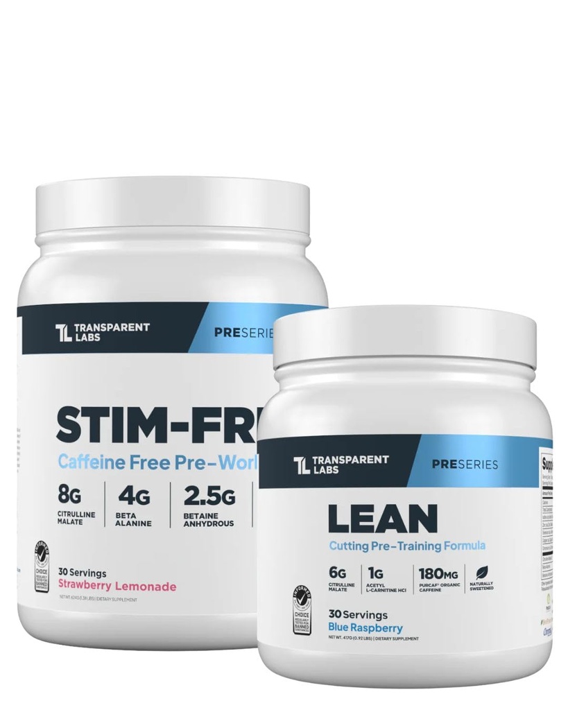 Transparent Labs Stim-Free Pre-Workout Powder (30 Servings, Strawberry Lemonade) & Lean Pre-Workout (30 Servings, Blue Raspberry)