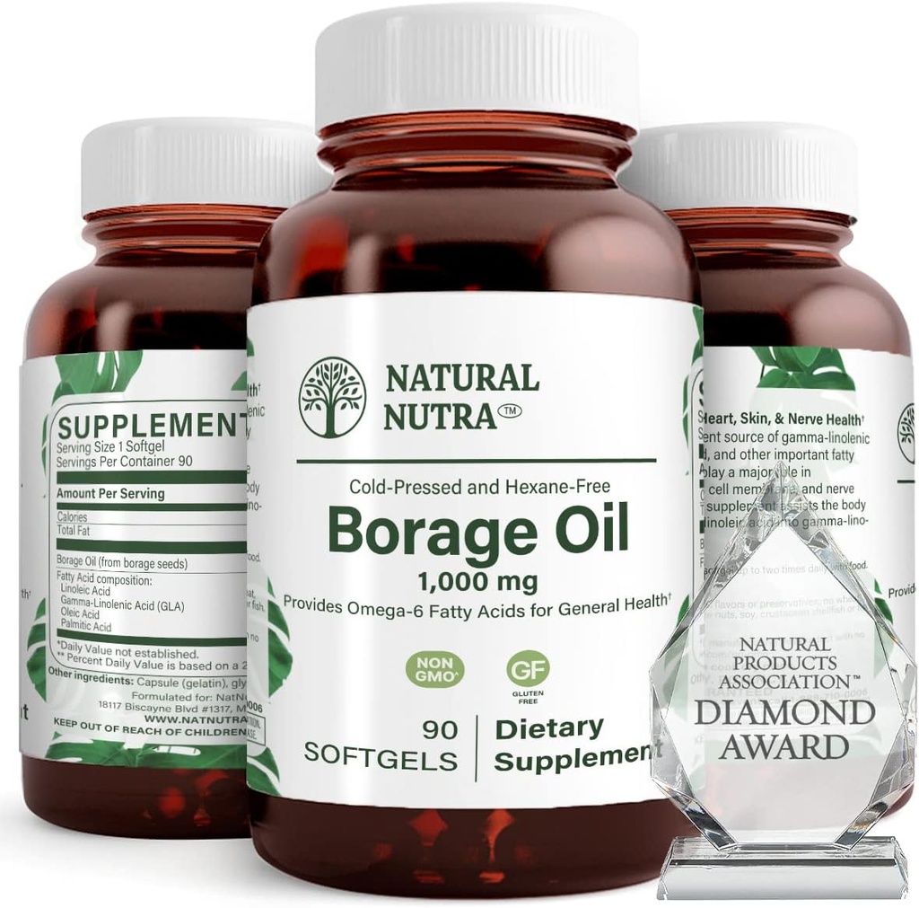 Natural Borage Oil Supplement - Rich in Gamma- linolensyre (GLA), En Potent Omega- 6 Essential Fedtsyre Kendt for at støtte hud, nerve og fælles sundhed 90 Softgels.