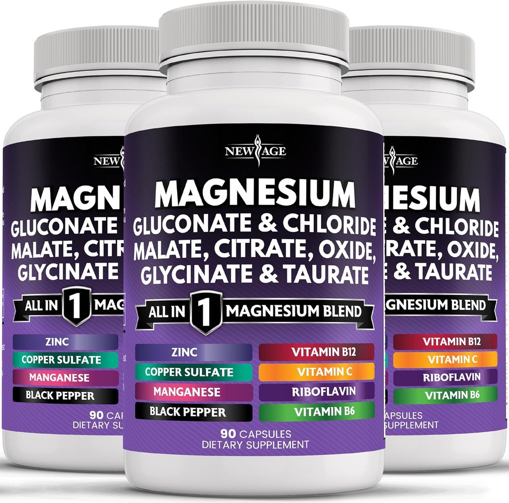 NY AGE Magnesium supplement -kraftfuld Glycinat Citrat Malatoxide Taurat Aspartatgluconat Oroter & Mag Chloride Mangan Bone Sundhed og Bone Styrke, Fælles Support- 270 Tæl