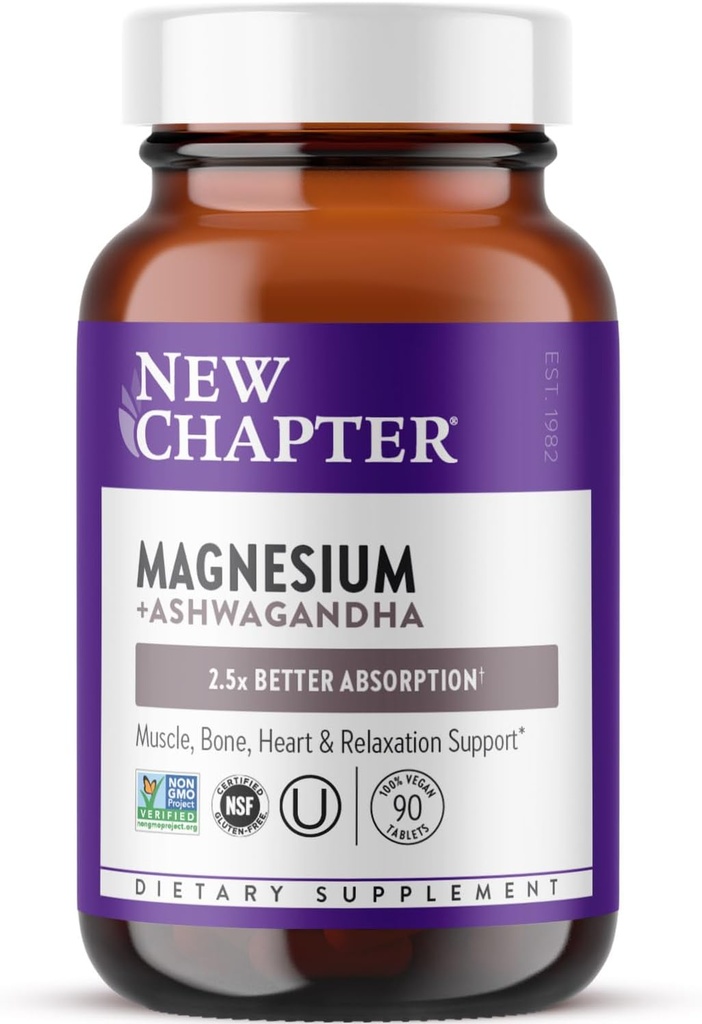 Nyt kapitel Magnesium + Ashwagandha Supplement, 325 mg med Magnesium Glycinat til muskelafslapning & Recovery, Heart, Nerve & Bone Health, 2,5 x Absorption, Non- GMO - 90 ct (3 måneders forsyning)