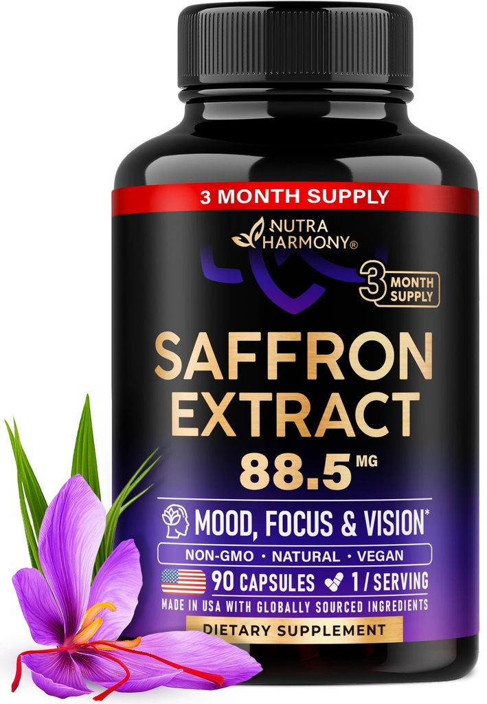Natural Saffron Kosttilskud - Pure Saffron Extract 88.5 mg - Made in USA - Food Medical 124; Focus Medical 124; Vision Medical 124; Energistøtte - Eye Health for Women & Men - NonGMO Vegan Pills - 90 Powder Capsules, 3 Month Supply