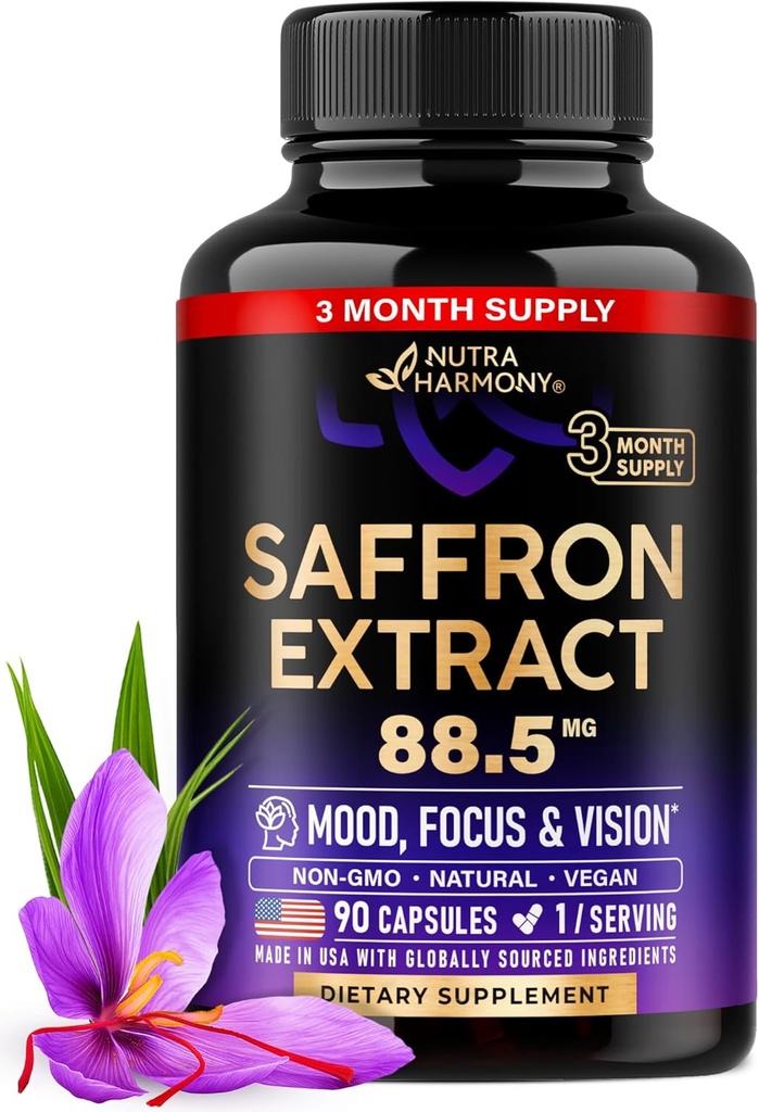 Natural Saffron Kosttilskud - Pure Saffron Extract 88.5 mg - Made in USA - Food Medical 124; Focus Medical 124; Vision Medical 124; Energistøtte - Eye Health for Women & Men - NonGMO Vegan Pills - 90 Powder Capsules, 3 Month Supply