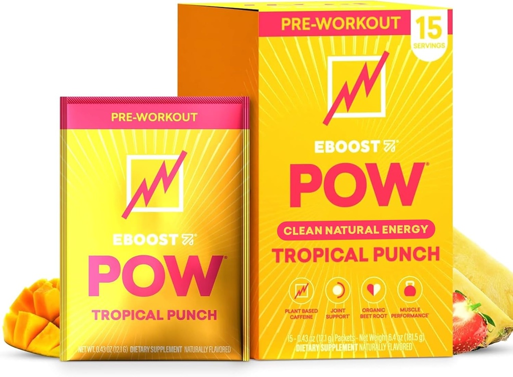 EBOOST POW Natural Pre Workout Powder - 15 Pakker, Tropical Punch - Preworkout Energy Booster Gym supplement drikke mix for mænd og kvinder - ydeevne, fælles mobilitetsstøtte - Gluten- fri