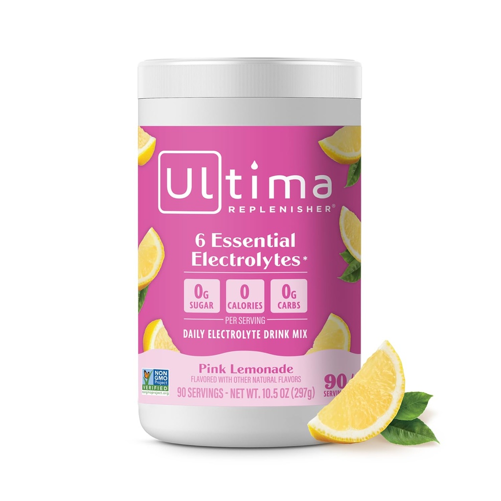 Ultima Replenisher Daily Electrolyte Powder Drink Mix - Sugar Free - Pink Lemonade, 90 Servering - Hydration Powder med 6 Key Electrolytes and Trace Minerals - Keto Friendly, Vegan, Non- GMO
