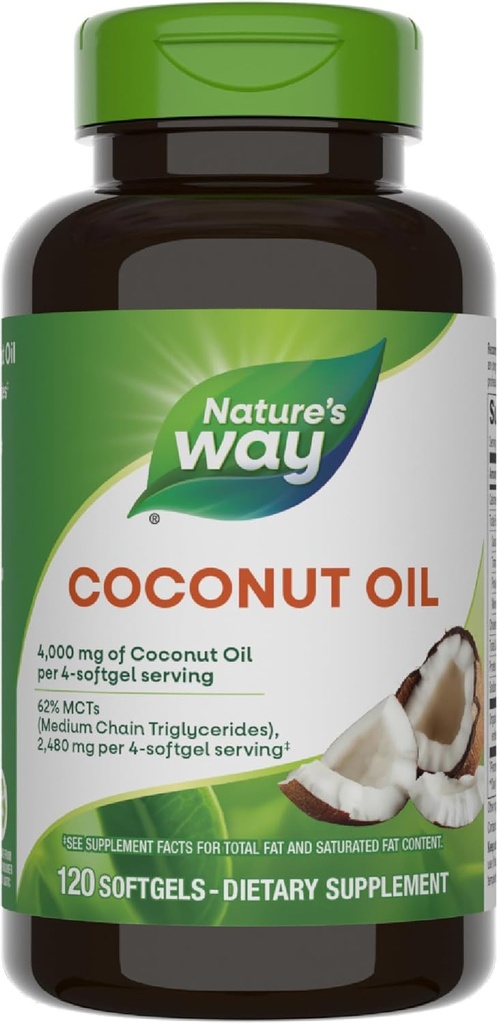 Nature 's Way Coconut Oil, 62% MCTs (1), Hexane Free, 120 Softels (Packaging May Vary)
