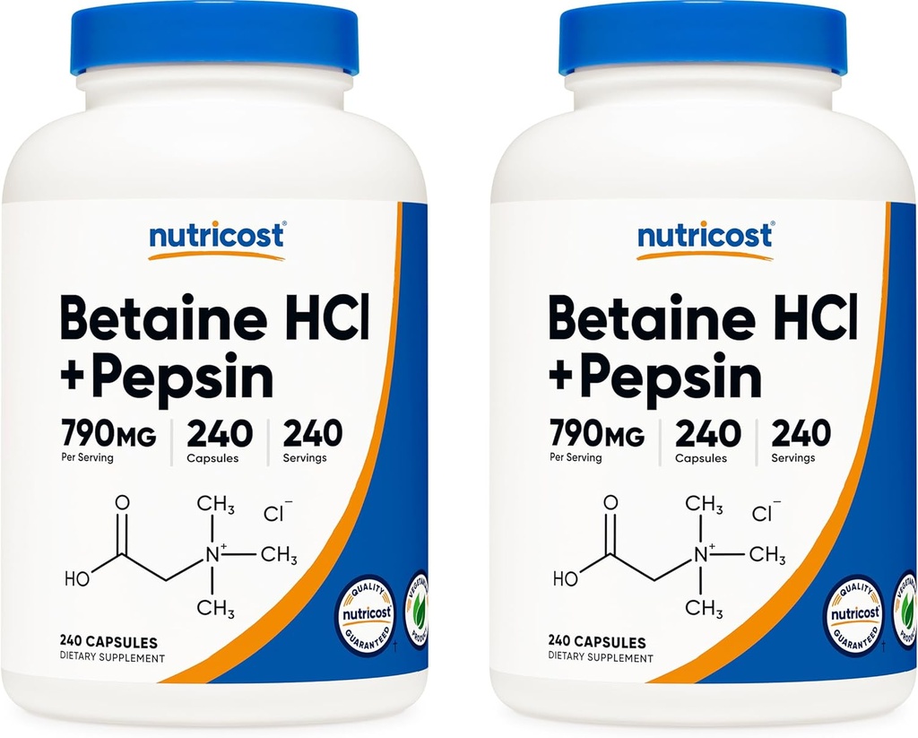 Nutricost Betaine HCl + Pepsin 790mg, 240 kapsler, 2 flasker (480 kapsler)