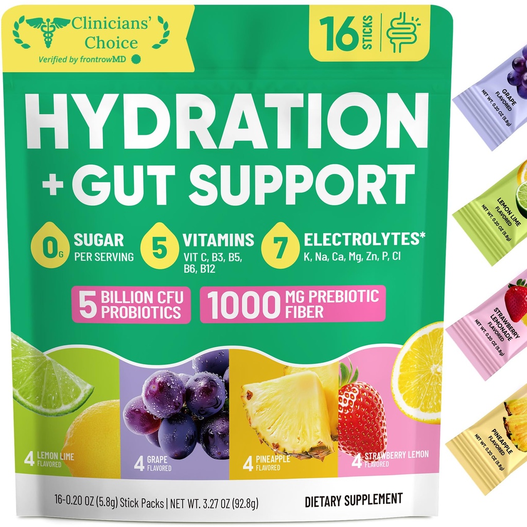 Venture Pal 2-in-1 Hydration Packets + Gut Health Electrolytes Powder - 7 Electrolytes & 5 Vitamins, Probiotics - Sugar Free Liquid Daily IV Drink Mix for Dehydration Relief | Non-GMO | 16 Sticks