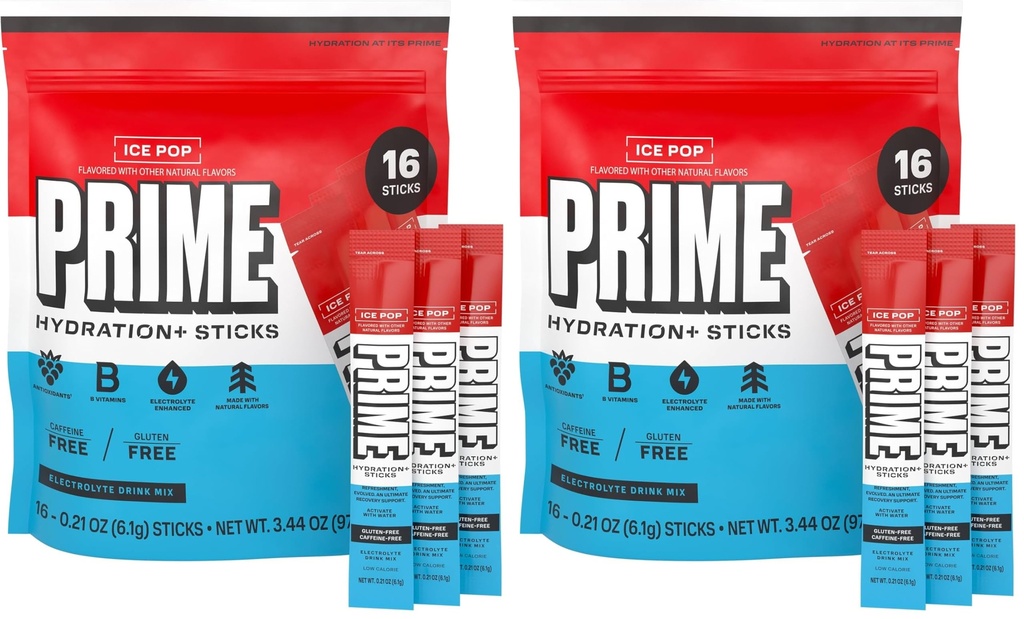 PRIME HYDRATION+ Electrolyte Powder Sticks, Ice Pop, Sugar Free Hydration Drink Mix with Potassium, Magnesium & B Vitamins to Replenish Fluids, Caffeine Free, 16 Count (Pack of 2)
