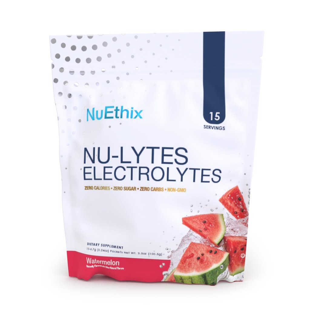 NuEthix Formulations NU-LYTES Electrolytes Hydration Packets, Zero Calories, Zero Sugar, Zero Carbs, Non-GMO, Electrolytes Powder Packets, Glycogen Replenishment, 15 Servings (Watermelon)
