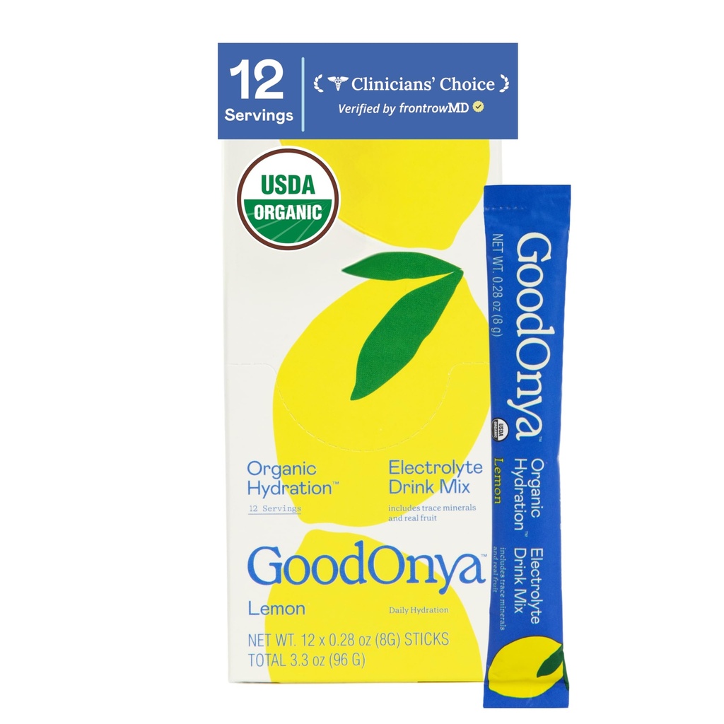 GOODONYA Organic Hydration Electrolyte Drink Mix, Certified Organic Hydration Powder, Non-GMO, Biochecked Glyphosate Free, Low Sugar, Lemonade Flavor, No Artificial Flavors,12 Stick Packs