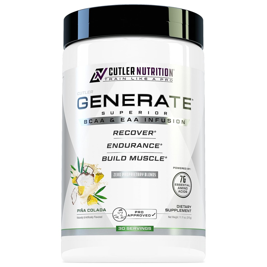 Cutler Nutrition Generate EAA og BCAA pulver: Bedste forgrenede kæde Aminosyrer supplement med essentielle Aminosyrer, 5g BCAA, 2g EAA for Lean Muscle Mass Shape 124; Pina Colada, 30 Servere