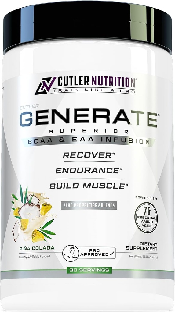 Cutler Nutrition Generate EAA og BCAA pulver: bedste forgrenede kæde Aminosyrer tillæg med essentielle aminosyrer, 5g BCAA, 2g EAA for Lean Muscle Mass Shape 124; Pina Colada, 30 Servere