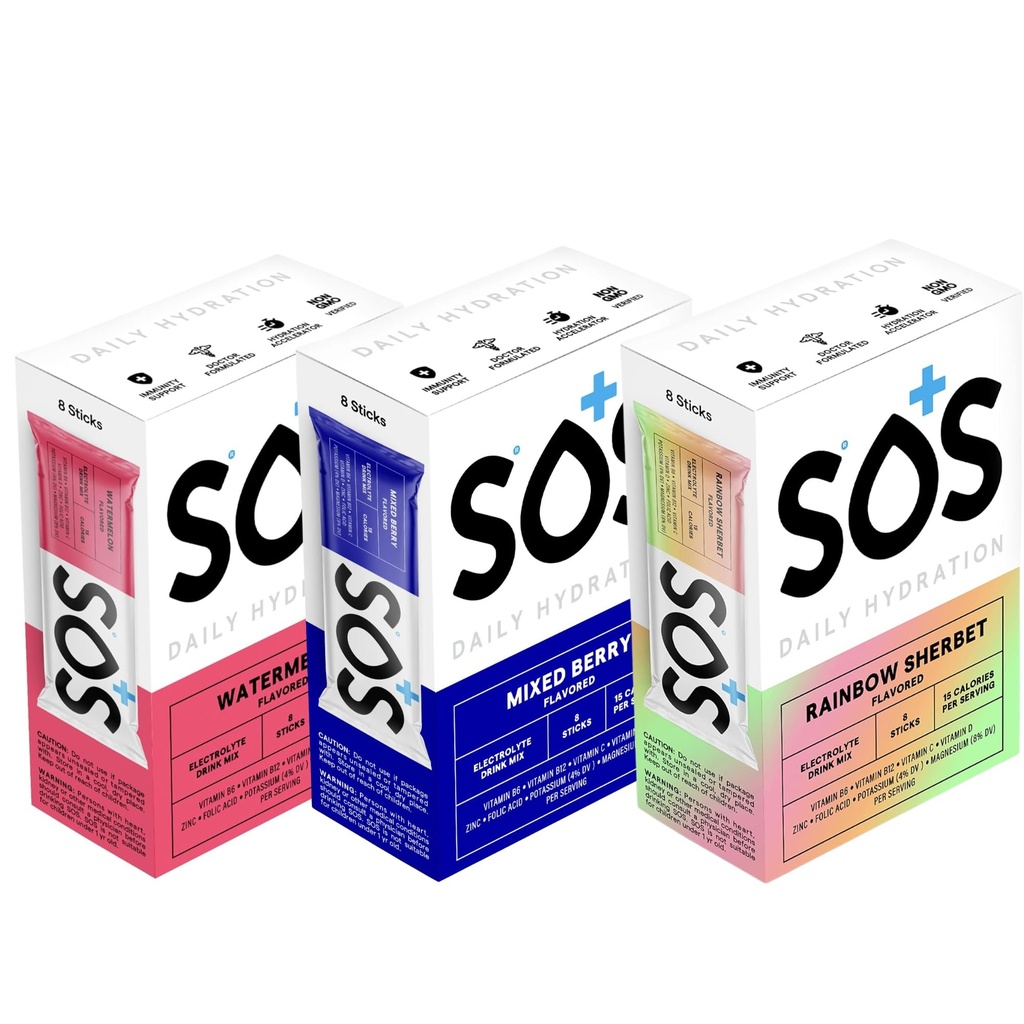 SOS Daily Electrolyte Stick Packets – Multi Pack | 24 Sticks | Rapid Hydration Powder with Electrolytes & Vitamins | Low Sugar, Keto Friendly | 8 Mixed Berry | 8 Watermelon | 8 Rainbow Sherbert