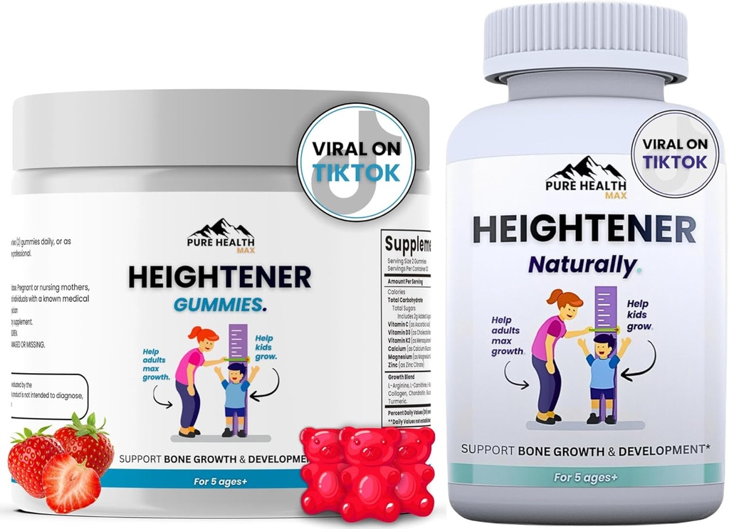 Heightener Capsules + Heightener Gummies - Natural Højde Vækst Supplement for børn, Teens og voksne til at øge Bone Styrke og Grow Taller