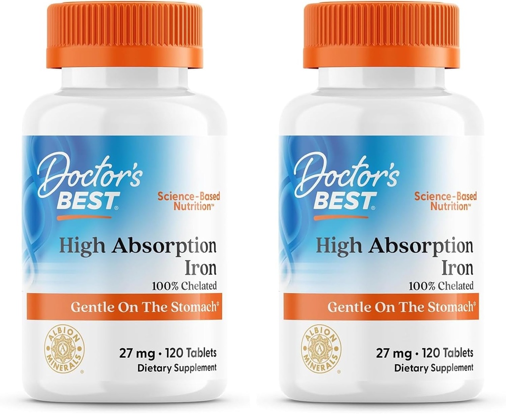 Doctor 's Best High Absorption Iron Tablet med Ferrochel, blid på Maven, immunforsvar, blodbad, 27 mg (pakke med 2)