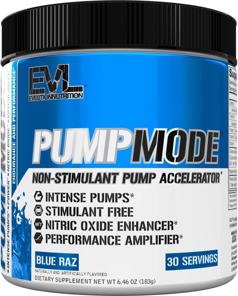 EVL PumpMode Nitrooxide Supplement - Nitrooxide Booster Pump Pre Workout Pulver med Glycerol og betain til muskel opsving vækst og udholdenhed - Stim gratis Pre Workout Drikke (Blue Raz)