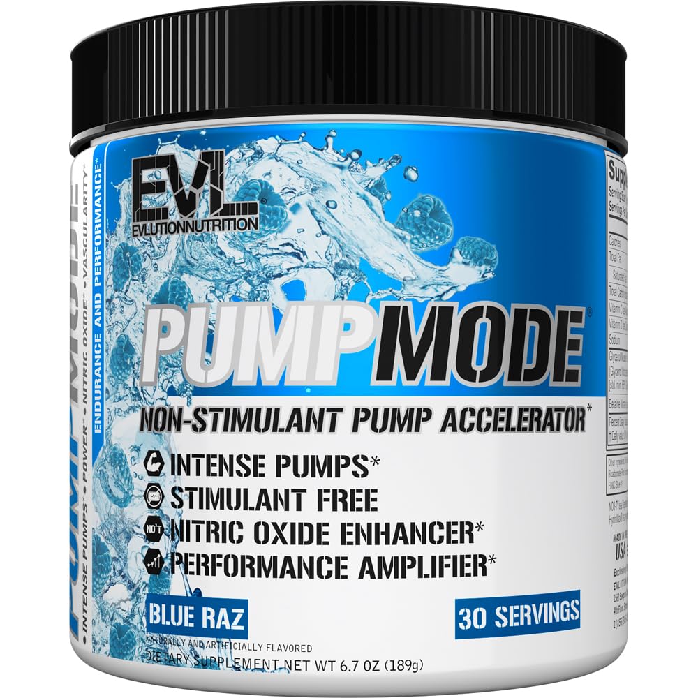 EVL PumpMode Nitrooxide Supplement - Nitrooxide Booster Pump Pre Workout Pulver med Glycerol og betain til muskel opsving vækst og udholdenhed - Stim gratis Pre Workout Drikke (Blue Raz)
