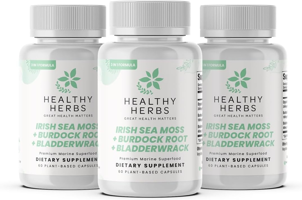 Sunde urter Wildcrafted Sea Moss Capsules Removal 124; 2280mg Advanced Ocean Green Complex Irish Sea Moss Superblend Removal 124; US- Made, Vegan, Non- GMO, Easy- Swallow (3- Pack)