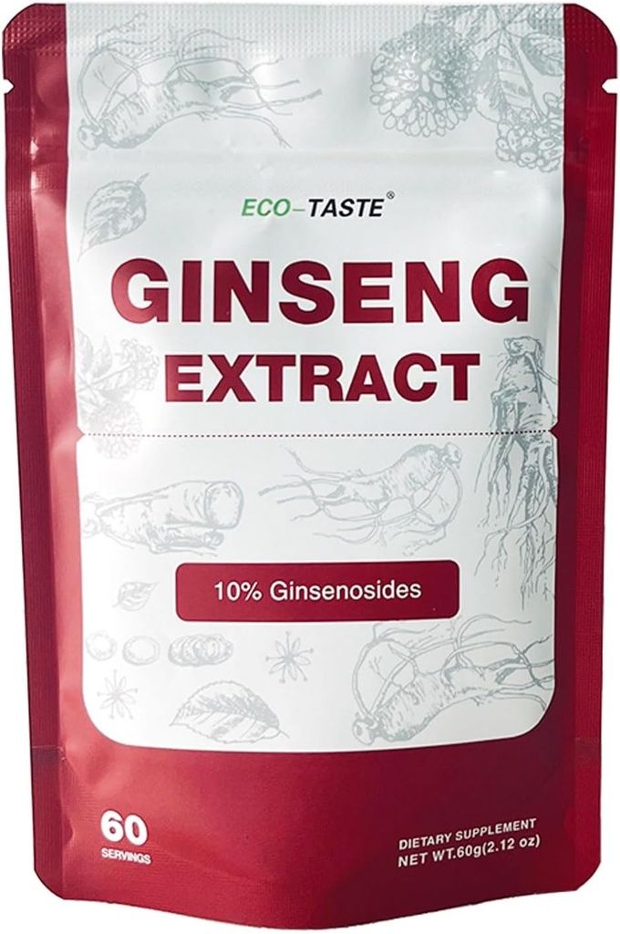 ECO-TASTE Ginseng Root Extract Powder- Koreansk Panax til smoothies, kaffe eller drikkevarer, 10% Ginsenosides, 60g (60 Servere)