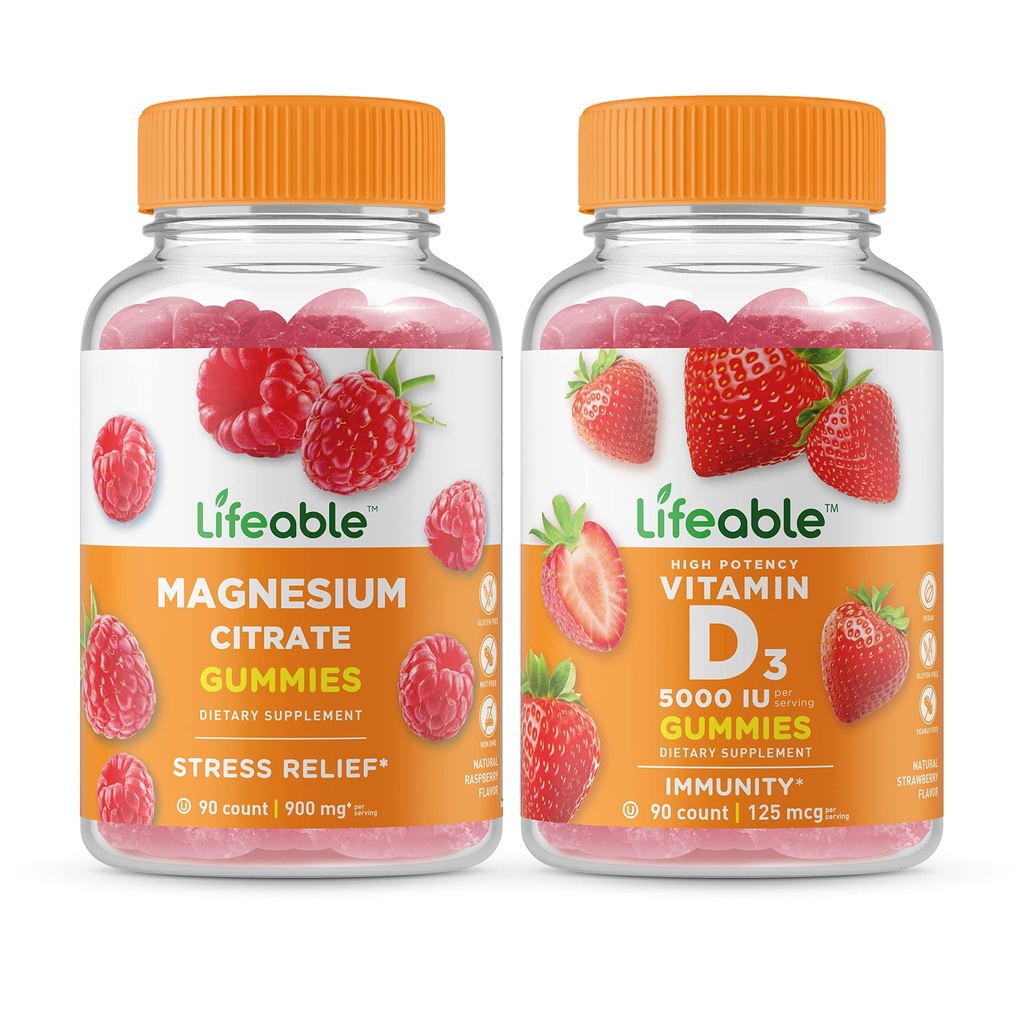 Lifeable Magnesium + D-vitamin 5000 IE, Gummies Bundle - Great Tasting, Vitamin Supplement, Gluten fri, GMO fri, tyggetabletter
