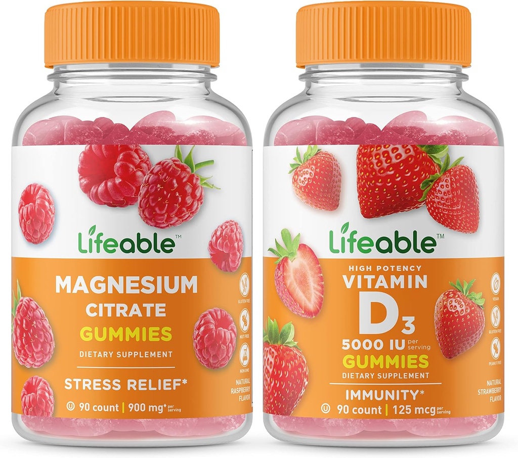 Lifeable Magnesium + D-vitamin 5000 IE, Gummies Bundle - Great Tasting, Vitamin Supplement, Gluten fri, GMO fri, tyggetabletter