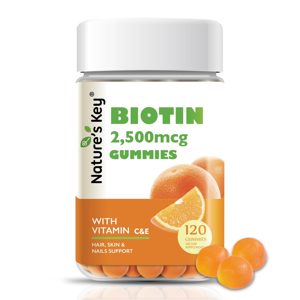 Nature's Key Biotin Gummies with Vitamin C and E, Support Hair Nails Growth & Beautiful Skin for Women Men and Kids, Vegan, Orange Flavors, 120 Count
