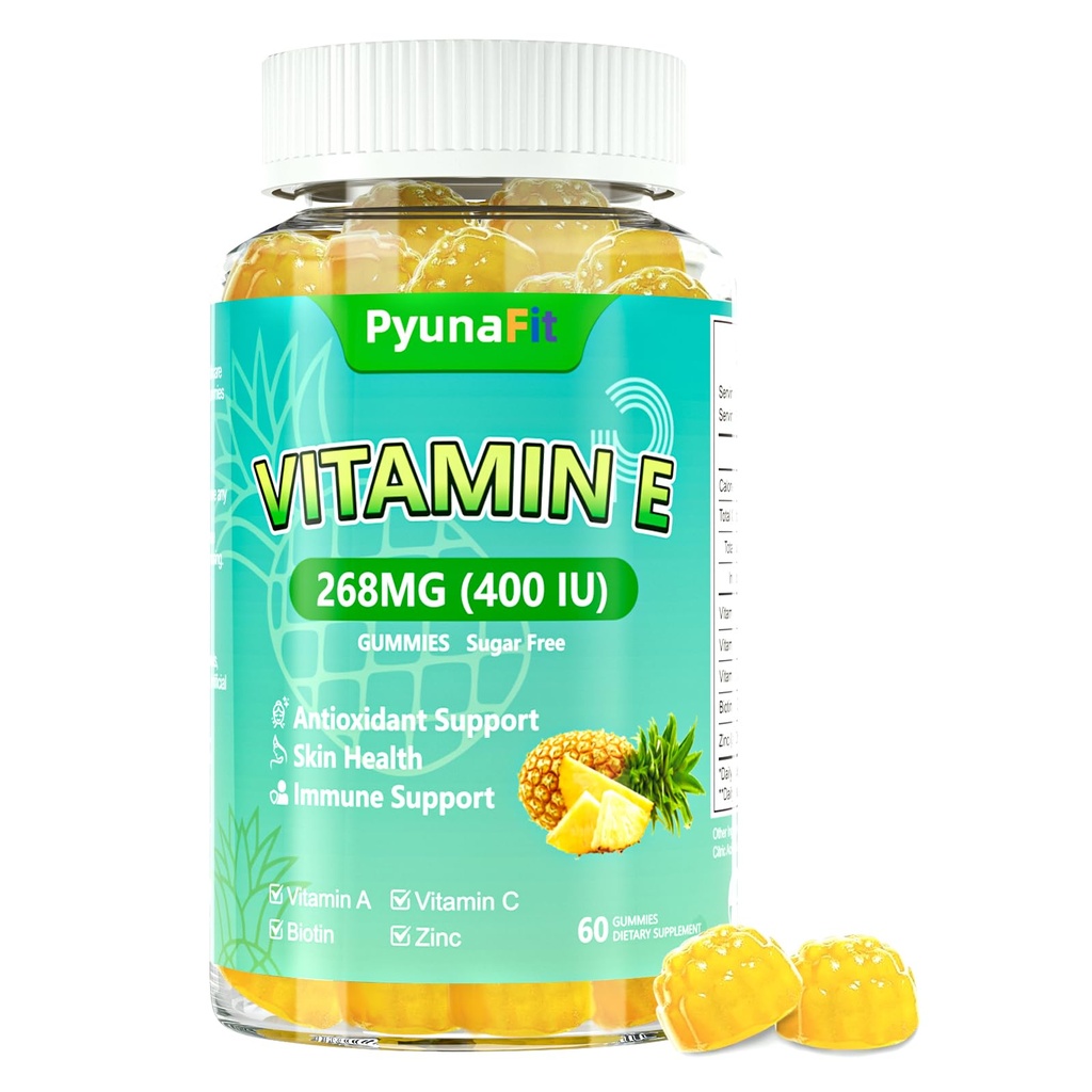 Vitamin E 400 IU Gummies for Women, Vitamin E Chewable Supplement with VIT A, C, Biotin, Zinc, Powerful Antioxidant, Skin & Hair Health, 60 Count
