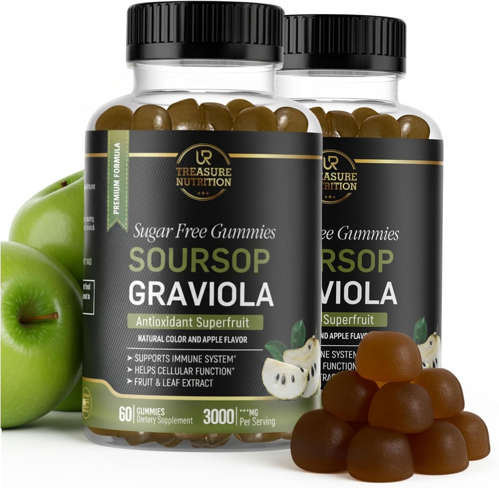 Soursop Blade & Soursop Fruit Gummies - 3000mg Soursop Extract - 2 Pack Graviola Supplement - Soursop Frugt og Leaf - 120ct - Sukkerfri - Gluten Free - Non-GMO - Vegansk Friendly