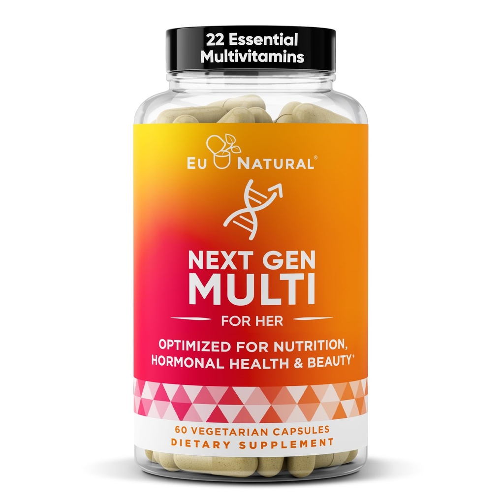Næste generation Multivitamin til kvinder - 22 optimerede vitaminer til immunitet, skønhed, hjerne, energi, knogler og hjerte - C-vitamin, D, E, K, jern, B6 og DHA - 60 vegetariske bløde kapsler (Packaging May Vary)