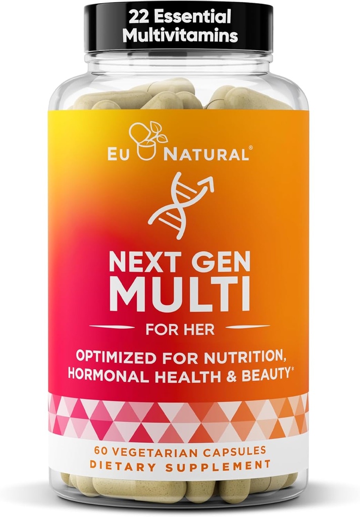 Næste generation Multivitamin til kvinder - 22 optimerede vitaminer til immunitet, skønhed, hjerne, energi, knogler og hjerte - C-vitamin, D, E, K, jern, B6 og DHA - 60 vegetariske bløde kapsler (Packaging May Vary)