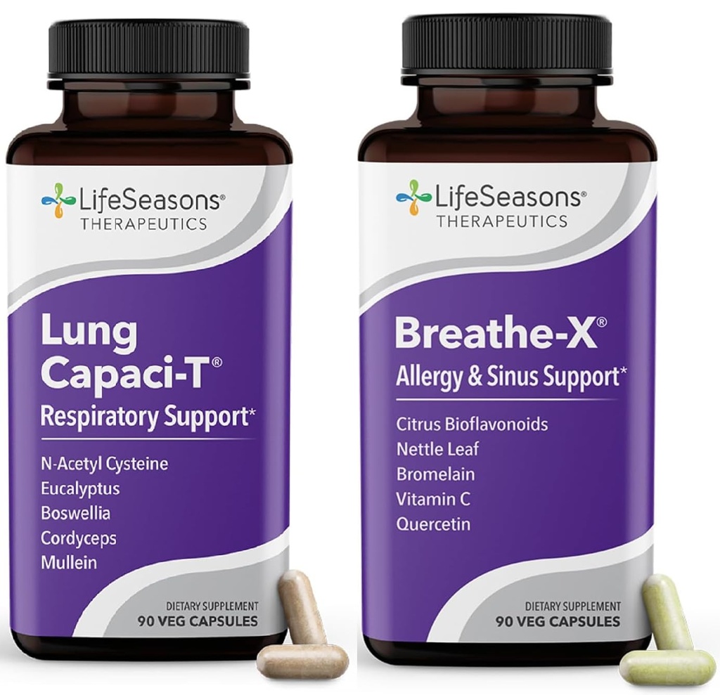 LifeSeasons Breathe- X med Lung Capaci- T - Allergi og respiratorisk support - Hurtig fungerende Sinus Relief - Øger ilt kapacitet og reducerer mucus - 180 kapsler