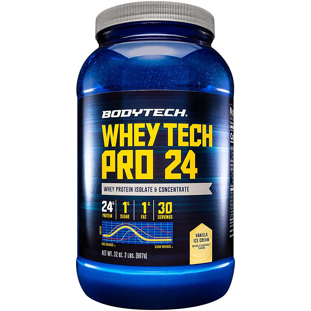 BodyTech Whey Protein Isolate Powder, Vanilla Ice Cream Flavor, 24g per Serving, High Concentrated Protein Powder with Amino Acids & BCAAs for Men and Women, Gluten Free, 2 lb, 30 Servings