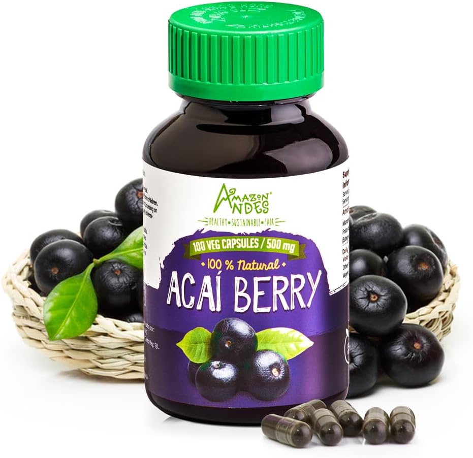 Andes Acai / Açai Berry Kapsler (Euterpe oleracea) - Rig kilde til antioxidant, C-vitamin & fibre - Support immunsystem - Gluten Free, Non GMO, Vegan & Non- irridated - 100 Veg piller (500mg)