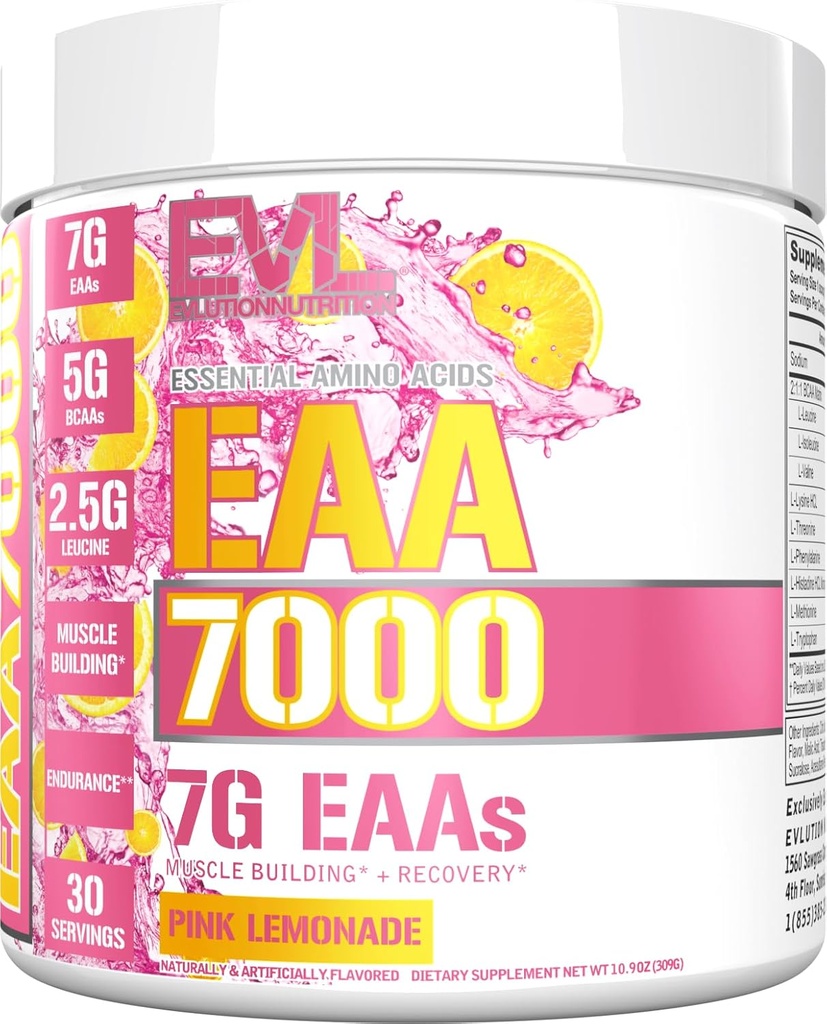 Evolution Nutrition EAA7000 - Pre & Post Workout Powder - Muscle Building + Recovery Supplement - 7g Essential Aminosyrer + 5g BCAAs - Endurance + Energy Support - 30 Serveringer - Pink Lemonade