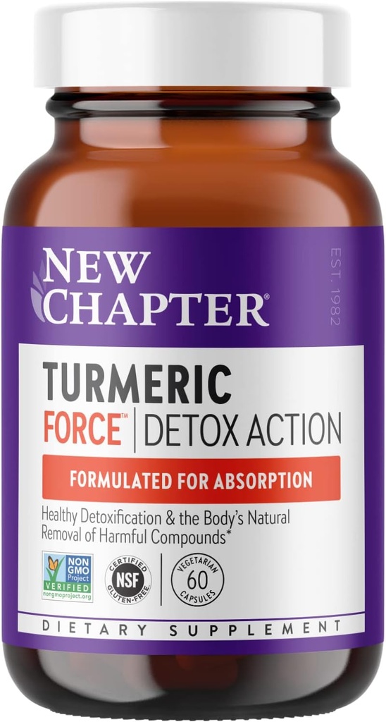 New Chapter Turmeric Supplement + Daily Detox Turmeric Force Detox Action with Green Tea + Ginger + NO Black Pepper Needed + NonGMO Ingredients Vegetarian Capsule, 60 Count