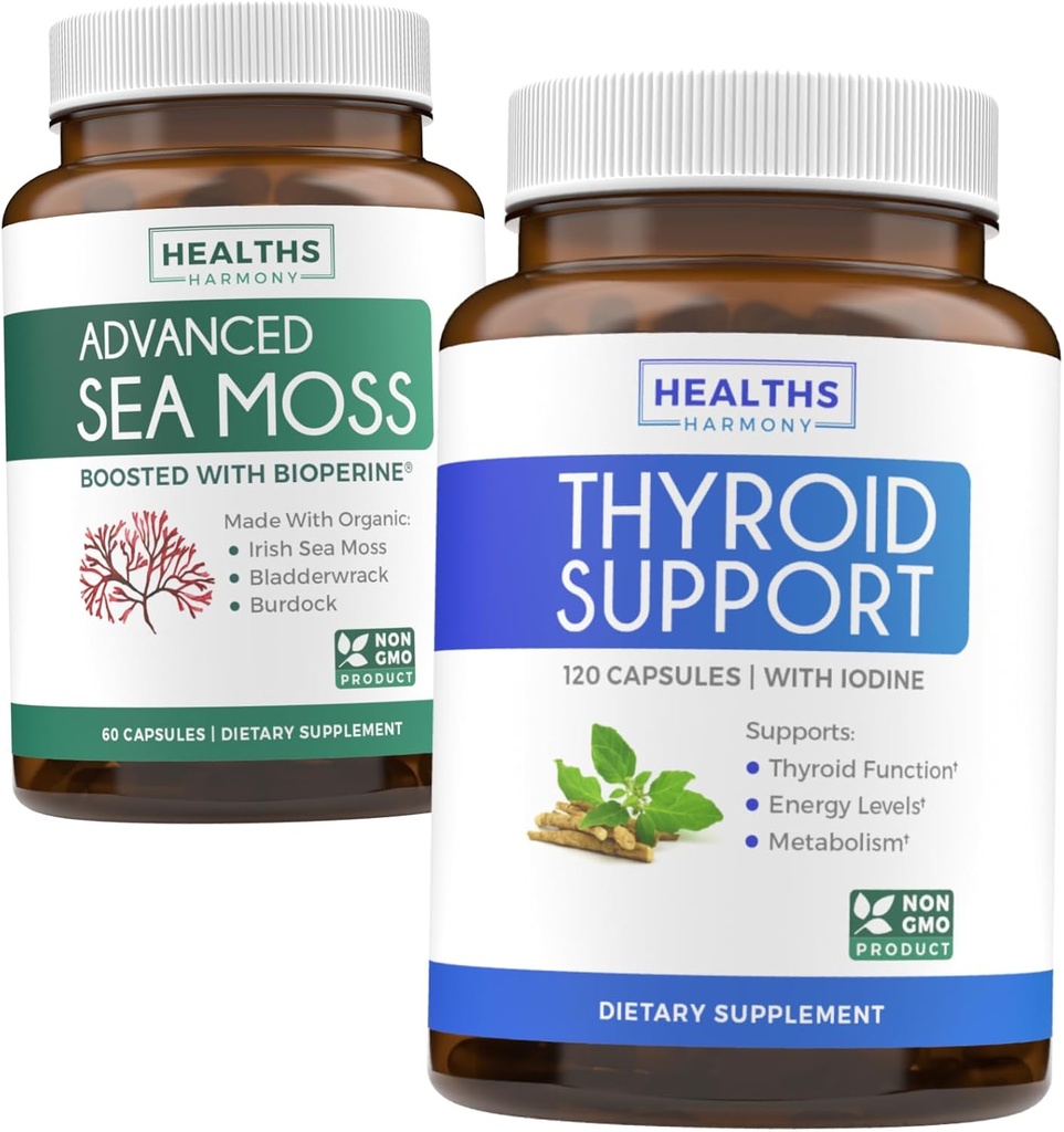 Bundle of Thyroid Support & Sea Moss - Sea Moss Thyroid Care Pack - Thyroid Support med jod (120 Caps) & Irish Sea Moss Capsules - Raw Vegan Supplement med BioPerine (non-GMO & Organic)