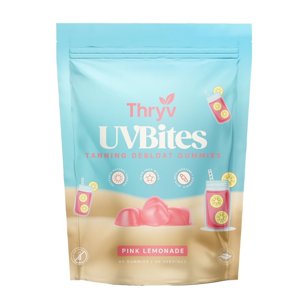 UVBites - Tanning Gummies - Self Tan Supplement - Tanning Pill - Fast Acting & Debloating Melanin Supplement with Beta Carotene, Astaxanthin, Niacinamide - Glow Up Skin (60 Count, Pink Lemonade)