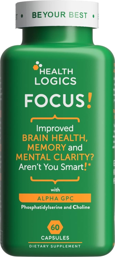 Health Logics Focus! - Brain Supplement for Memory, Clarity, Koncentration med Cholin, Ginkgo Biloba, Alpha GPC, Phosphatidylserin, Bacopa Monnieri l 60 Capsules l Non- GMO