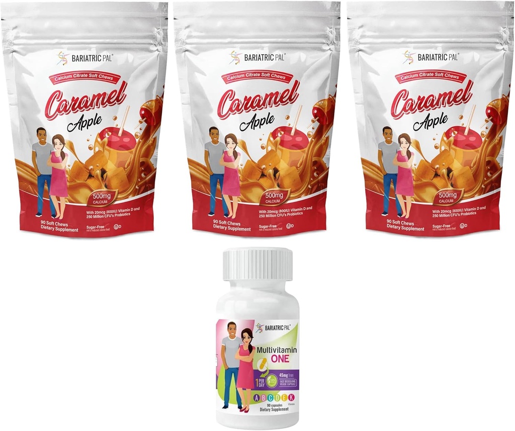 BariatricPal 90- Day Bariatric Vitamin Bundle (Multivitamin ON1 per dag! Kapsler med 45mg jern og calciumcitrat Soft Chews 500mg med Probiotika - Caramel Apple)