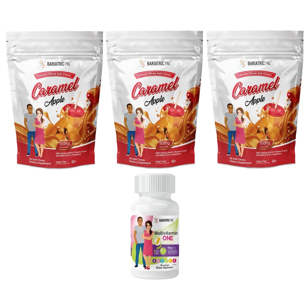 BariatricPal 90- Day Bariatric Vitamin Bundle (Multivitamin ON1 per dag! Kapsler med 45mg jern og calciumcitrat Soft Chews 500mg med Probiotika - Caramel Apple)