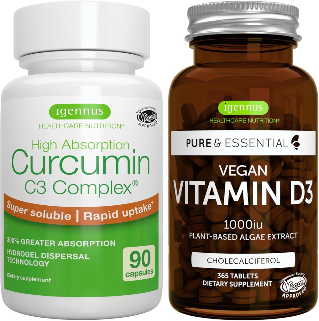 Vegansk vitamin D3 + høj Absorption Curcumin C3 Complex, Vegansk Bundle, 365 1000iu vitamin D3 tabletter + 300% større Absorption Curcuminoider med hurtig Optagelse, ved Igennus