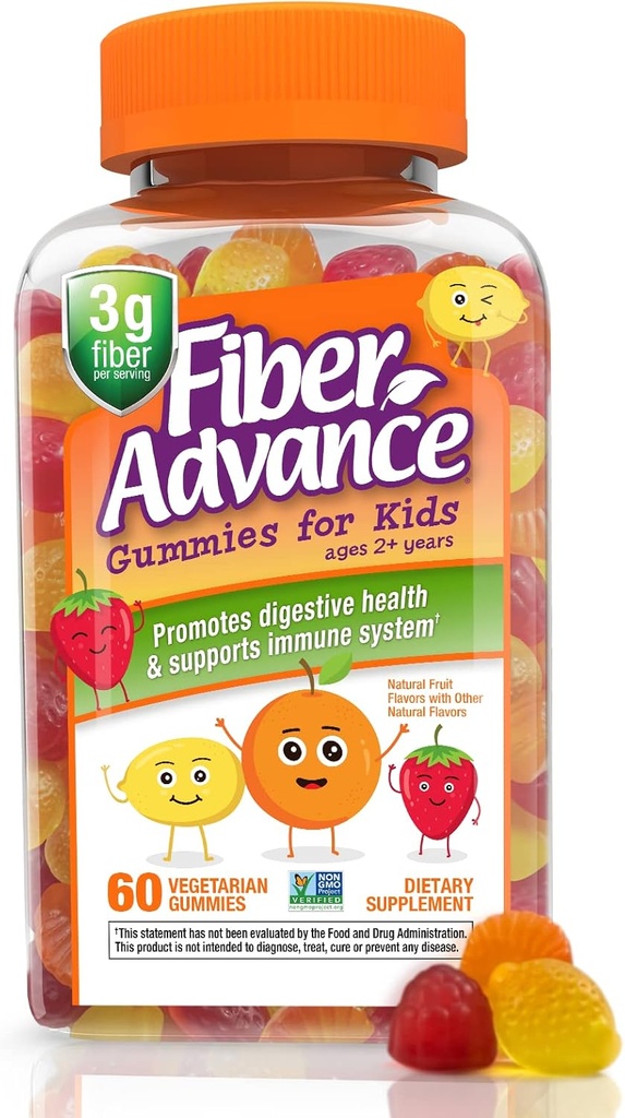 Fiber Advance Gummies for Kids against 124; 100% Plant Based Fiber Supplements for Digative Health against 124; Prebiotic Fiber Gummies against 124; Vitaminer for Kids against 124; Gluten Free, Vegetar, & Non- GMO, 60 Count